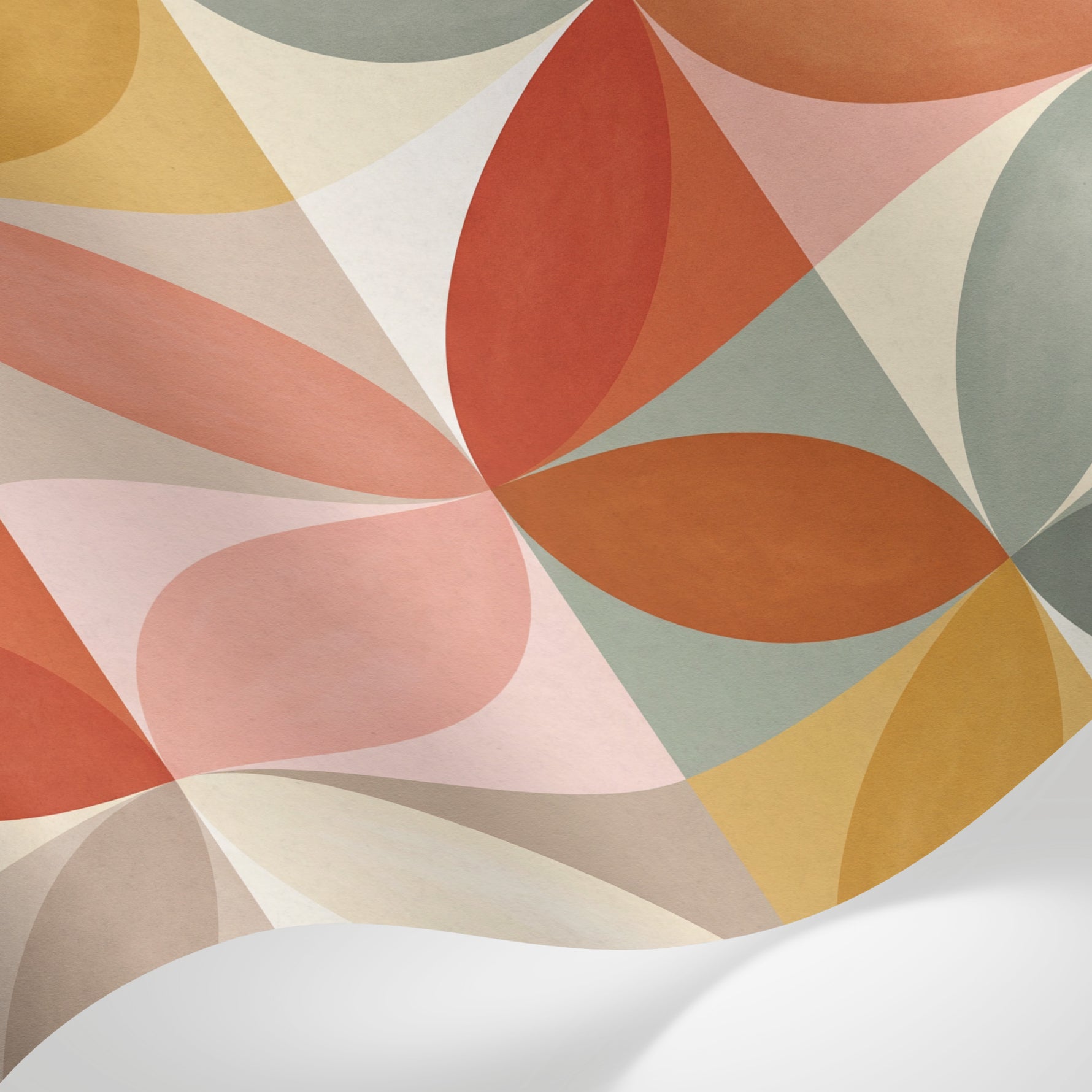 Papier peint panoramique géométrique - Formes ovales superposées tons corail orange vert sauge et beige crème sur mesure - Matière