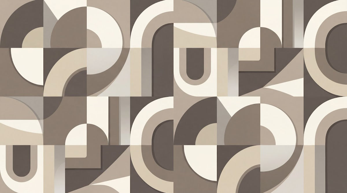 Papier peint panoramique géométrique scandinave - Formes arrondies superposées tons beige crème et brun taupe sur mesure - Design