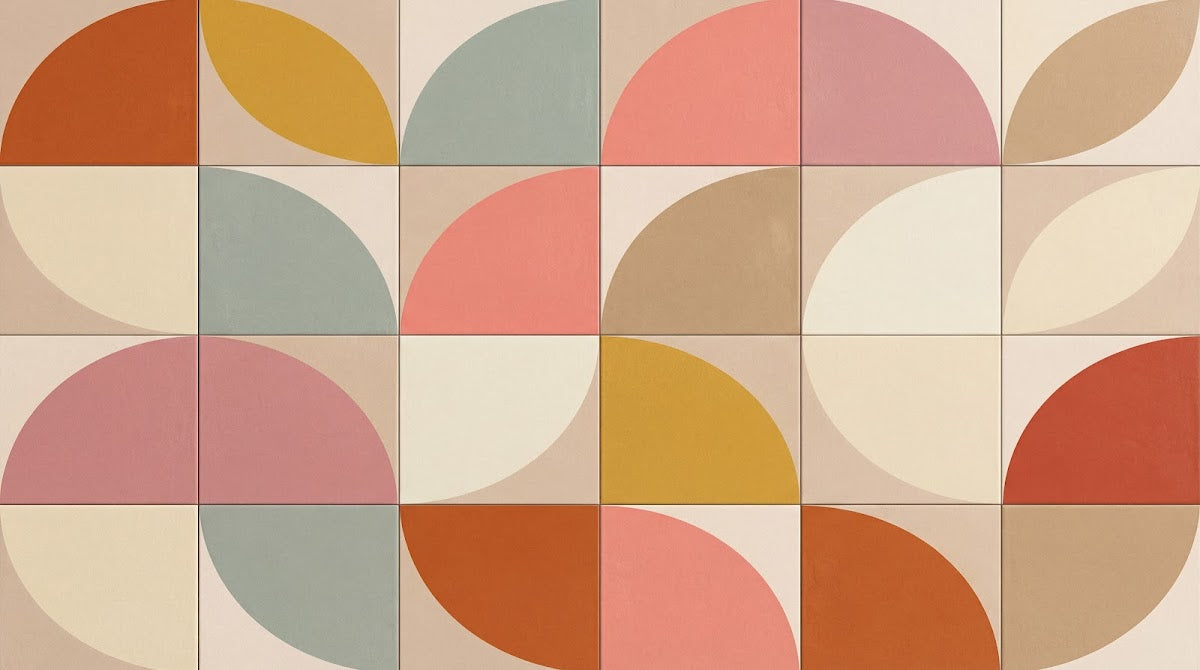 Papier peint panoramique geometrique scandinave - Quarts de cercles modulaires répétitifs tons beige corail et sauge sur mesure - Design