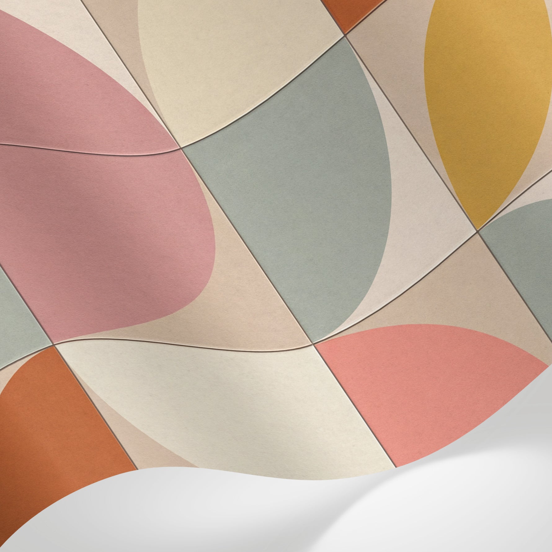 Papier peint panoramique geometrique scandinave - Quarts de cercles modulaires répétitifs tons beige corail et sauge sur mesure - Matière