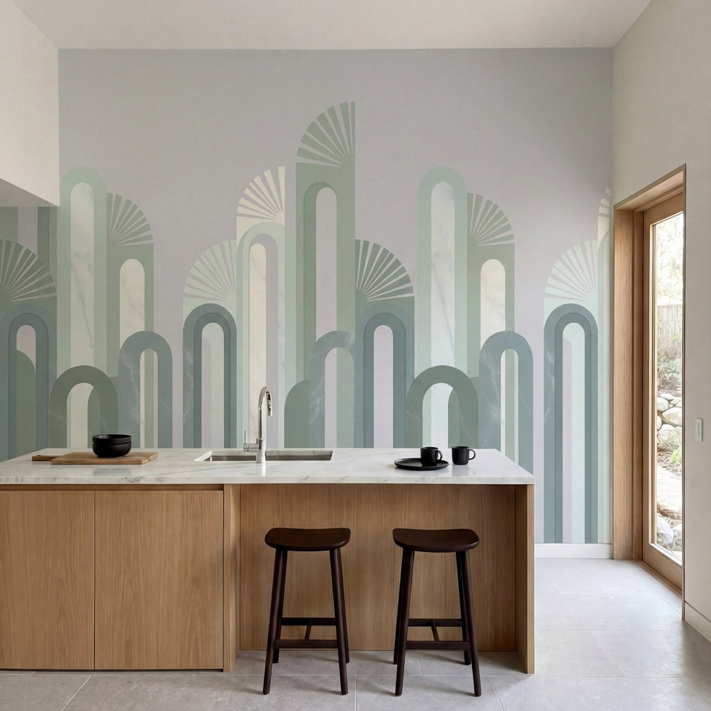 papier peint geometrique vert arches entrelacees art deco repetitives vert sauge-1