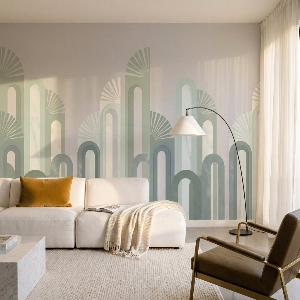 papier peint geometrique vert arches entrelacees art deco repetitives vert sauge-VARIANTE-10