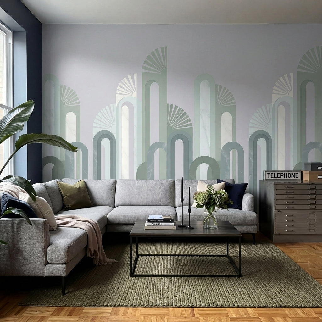 papier peint geometrique vert arches entrelacees art deco repetitives vert sauge-VARIANTE-6