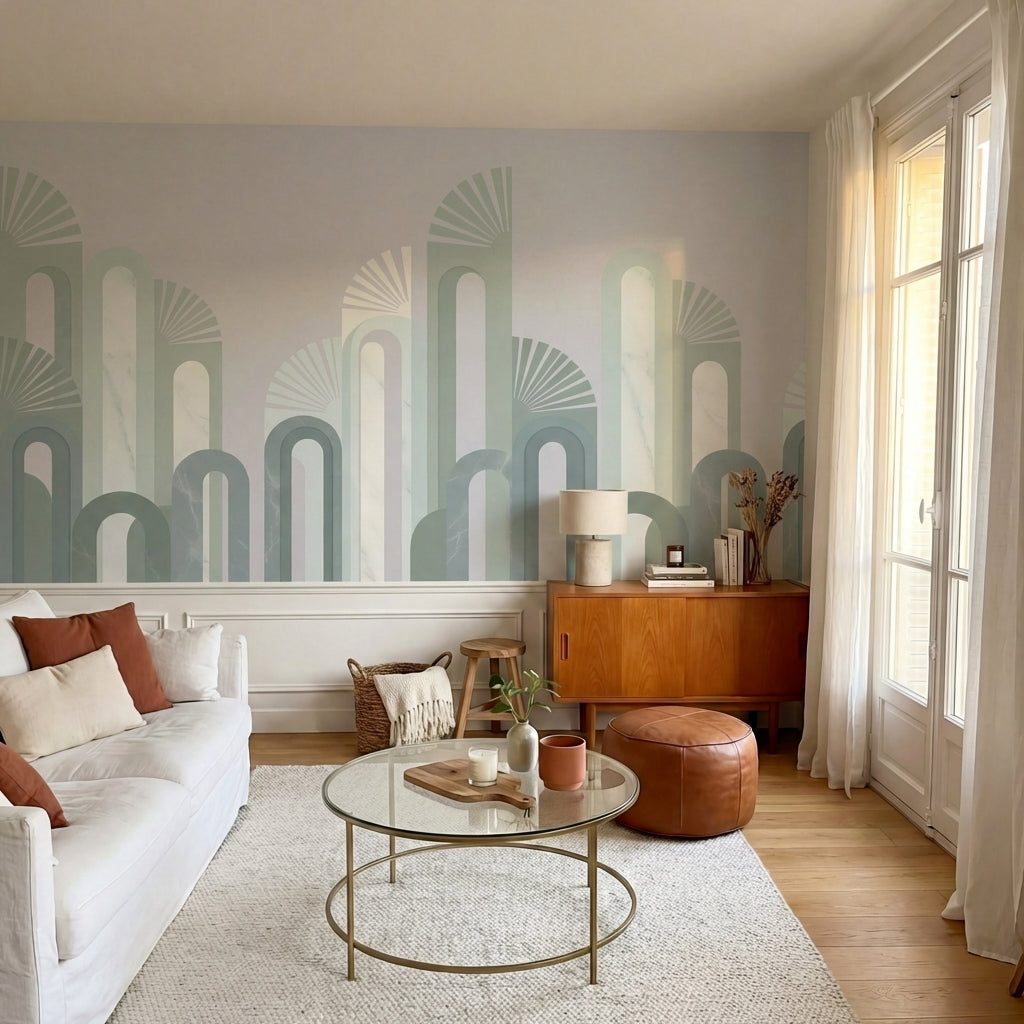 papier peint geometrique vert arches entrelacees art deco repetitives vert sauge-VARIANTE-8