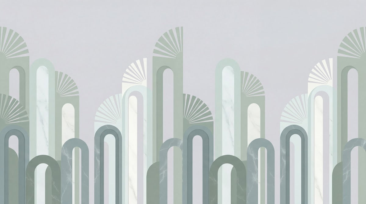 Papier peint panoramique géométrique vert - Arches entrelacées art déco répétitives vert sauge et crème sur mesure - Design