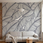 papier peint graphique noir et blanc feuilles tropicales stylisees traits lineai-1