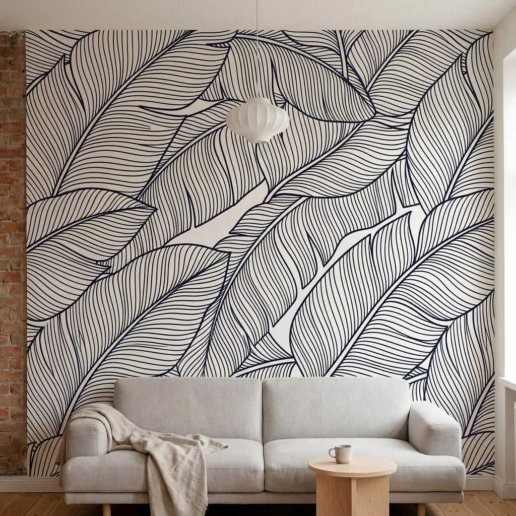 papier peint graphique noir et blanc feuilles tropicales stylisees traits lineai-1