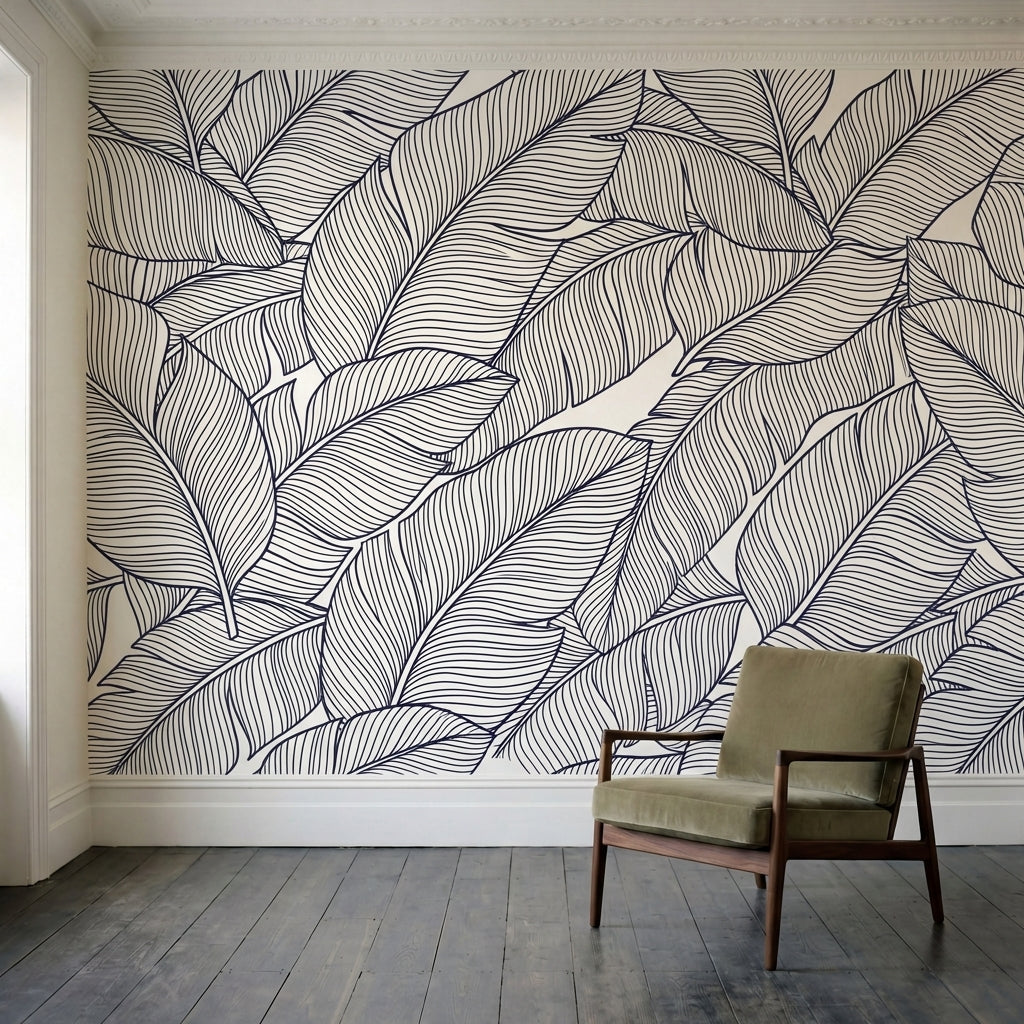 papier peint graphique noir et blanc feuilles tropicales stylisees traits lineai-2