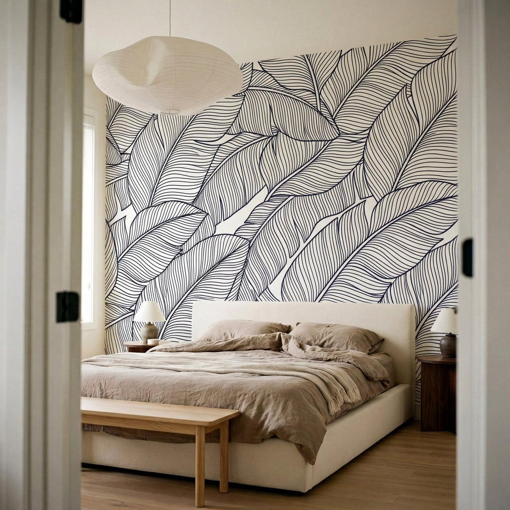 papier peint graphique noir et blanc feuilles tropicales stylisees traits lineai-7