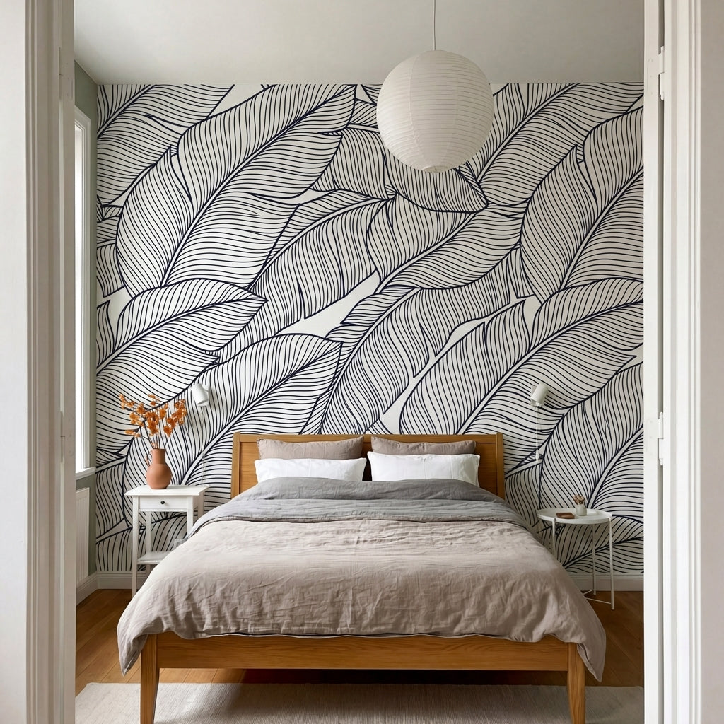 papier peint graphique noir et blanc feuilles tropicales stylisees traits lineai-9