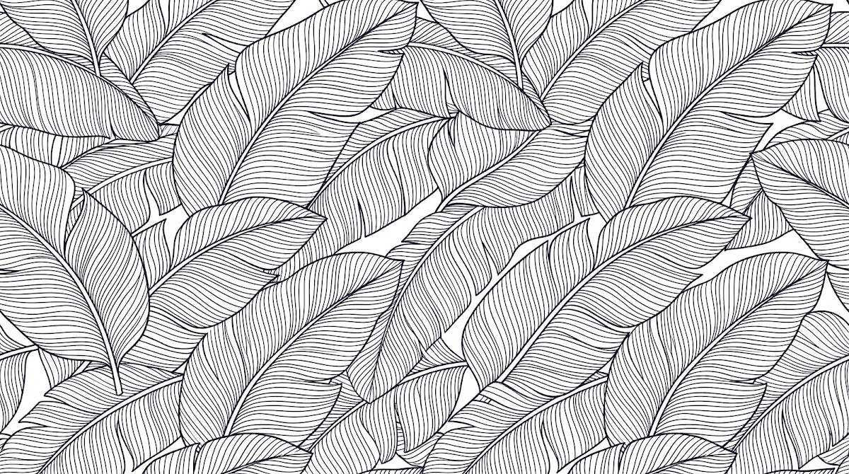 Papier peint panoramique feuillage - Feuilles tropicales stylisées traits linéaires superposées fond blanc sur mesure - Design