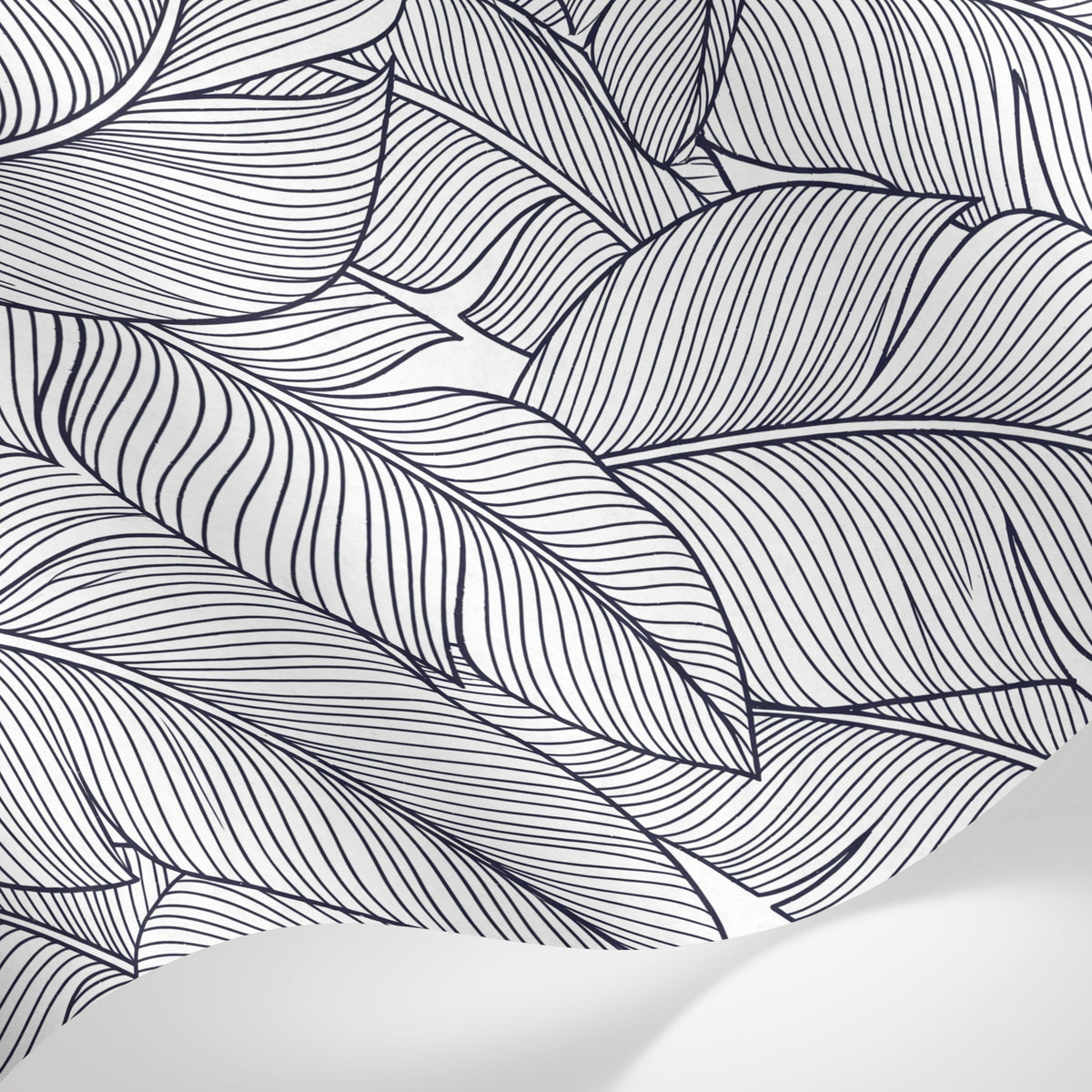 Papier peint panoramique feuillage - Feuilles tropicales stylisées traits linéaires superposées fond blanc sur mesure - Matière