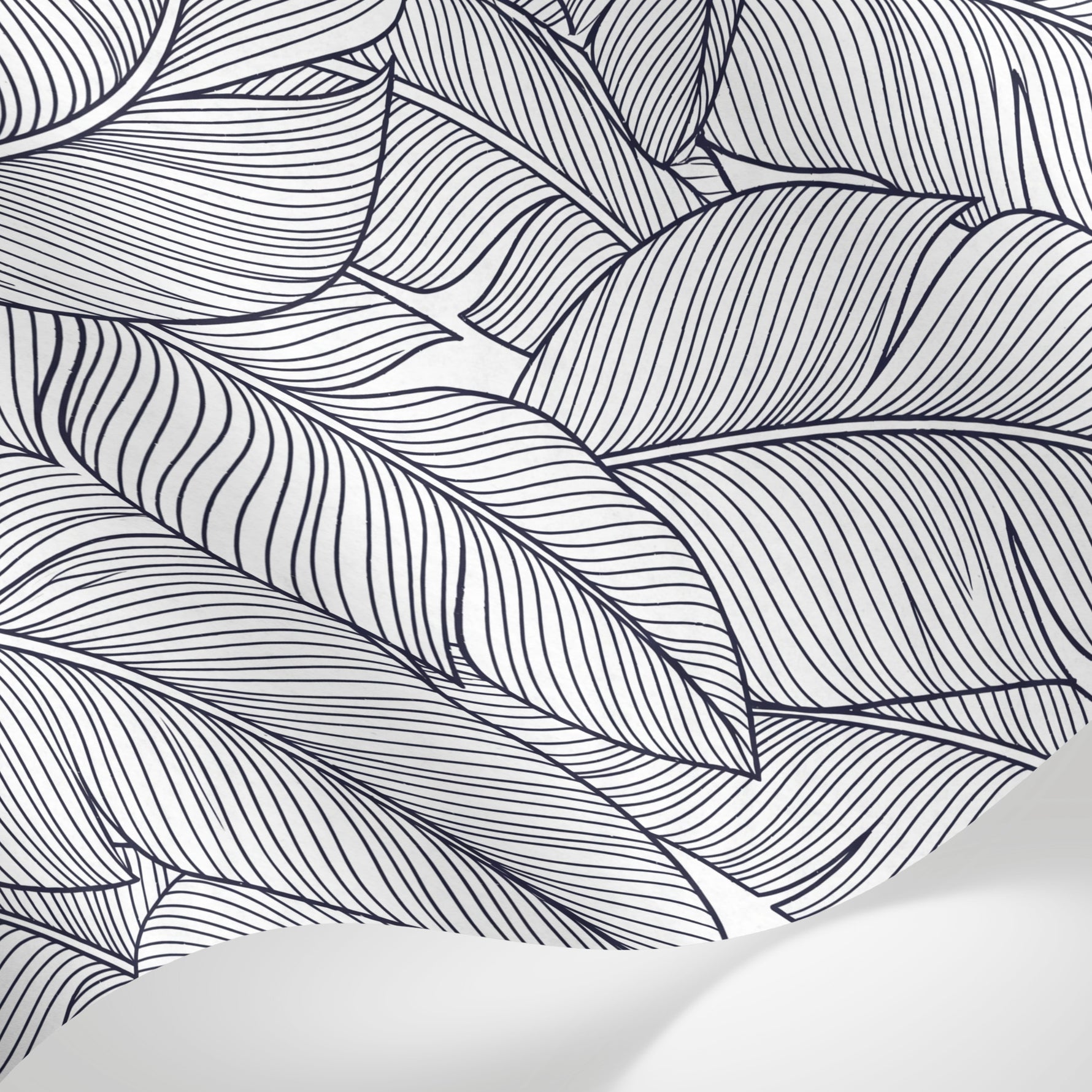 Papier peint panoramique feuillage - Feuilles tropicales stylisées traits linéaires superposées fond blanc sur mesure - Matière
