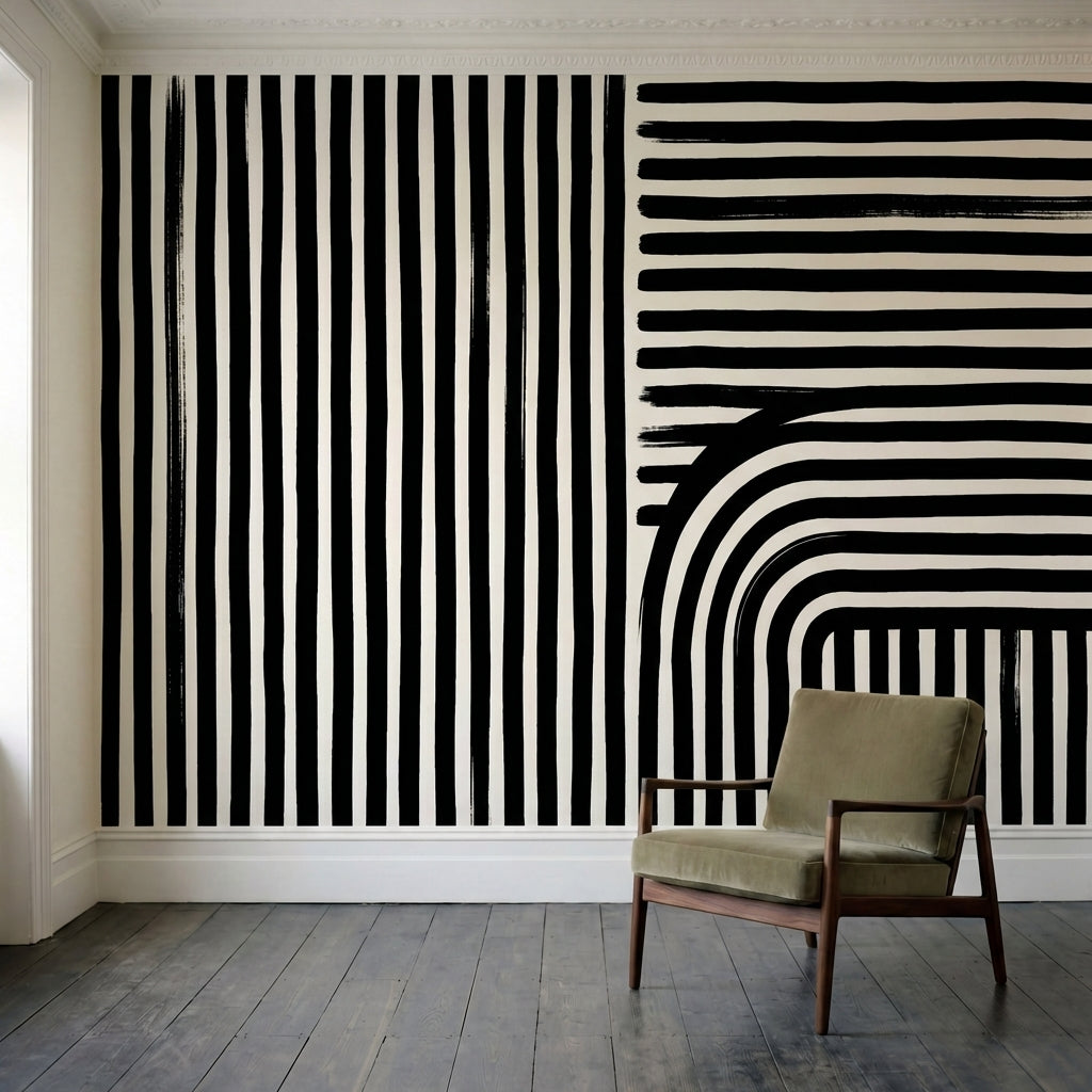 papier peint graphique noir et blanc rayures geometriques courbes tridimensionne-1