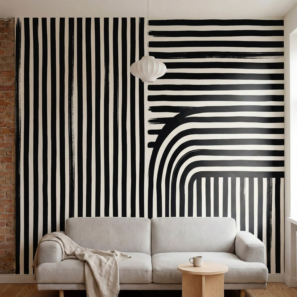 papier peint graphique noir et blanc rayures geometriques courbes tridimensionne-2