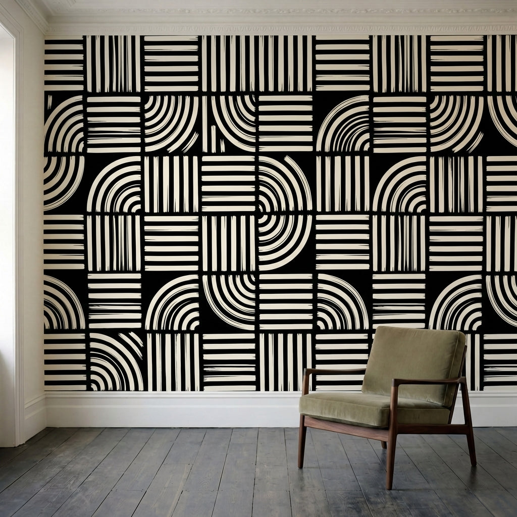 papier peint graphique noir et blanc rayures verticales arcs concentriques motif-1