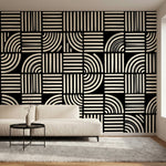 papier peint graphique noir et blanc rayures verticales arcs concentriques motif-2