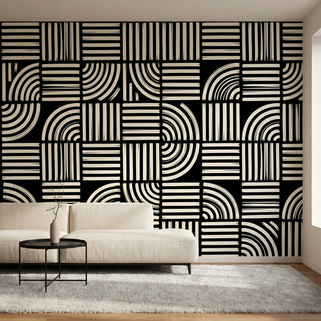 papier peint graphique noir et blanc rayures verticales arcs concentriques motif-2