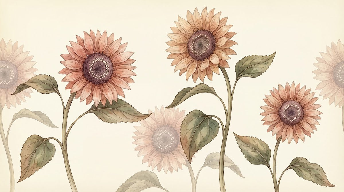Papier peint panoramique grosse fleur vintage - Tournesols roses orangés feuillage vert sauge fond beige crème sur mesure - Design
