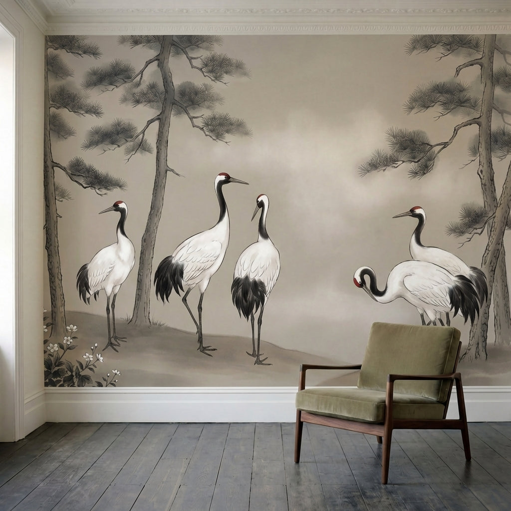papier peint grues japonaises cinq grues couronnees pins centenaires fleurs blan-1