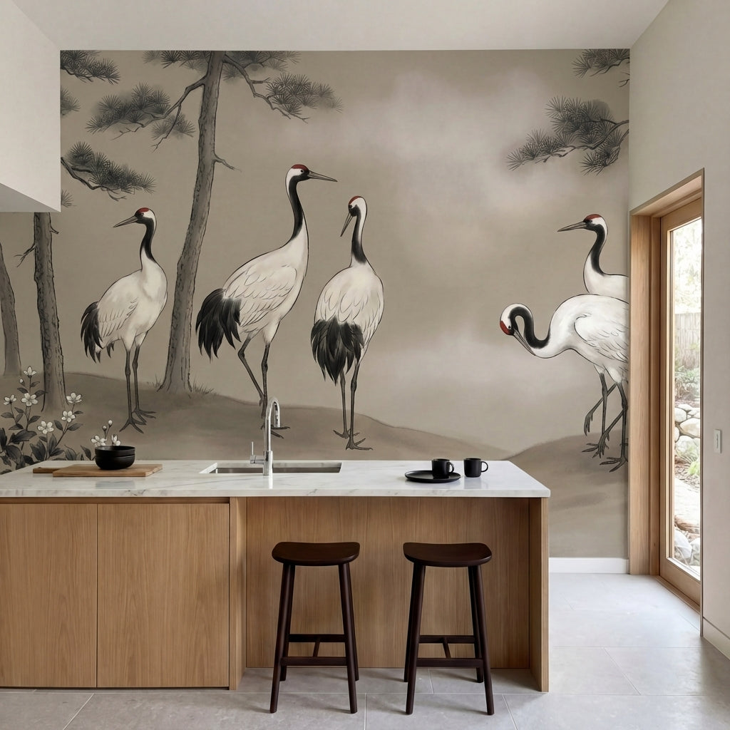 papier peint grues japonaises cinq grues couronnees pins centenaires fleurs blan-2