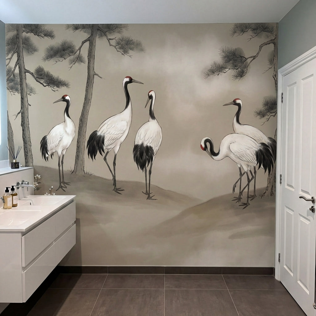 papier peint grues japonaises cinq grues couronnees pins centenaires fleurs blan-8