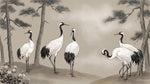 Papier peint panoramique grues japonaises - Cinq grues couronnées pins centenaires fleurs blanches fond beige crème sur mesure - Design