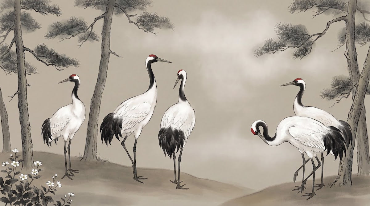 Papier peint panoramique grues japonaises - Cinq grues couronnées pins centenaires fleurs blanches fond beige crème sur mesure - Design