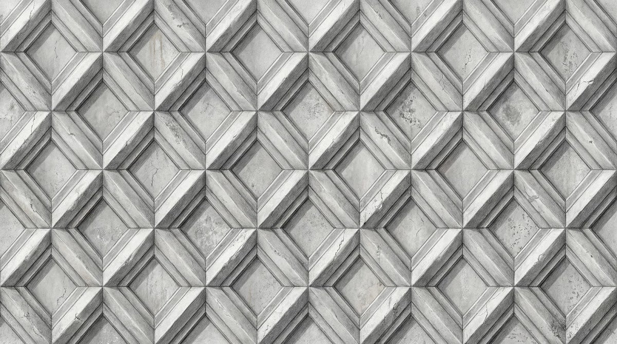 Papier peint panoramique imitation marbre - Chevrons géométriques répétitifs effet pierre gris béton et blanc cassé sur mesure - Design
