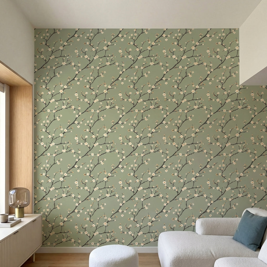 papier peint japonais branches de cerisier en fleurs blanc rose sur fond vert sa-HERO-1