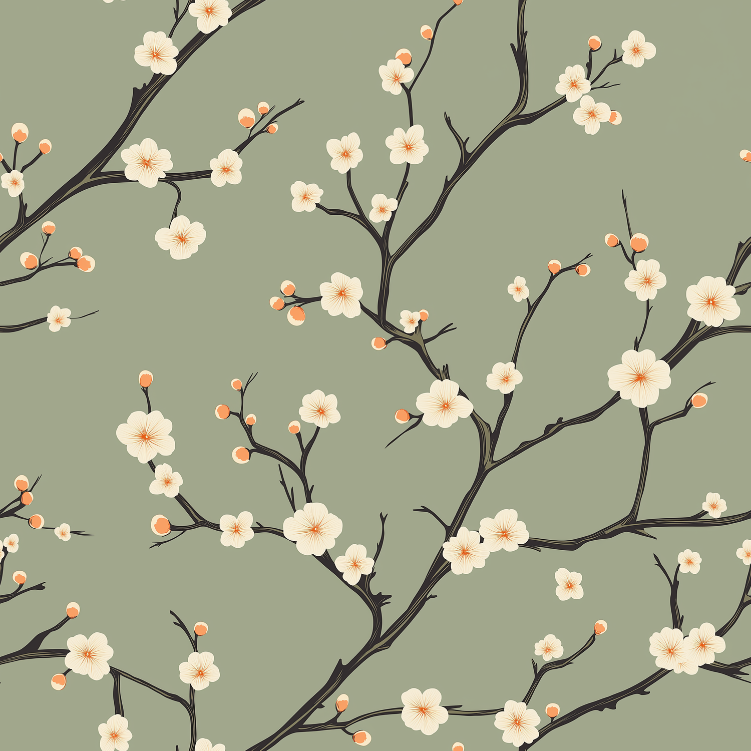 Papier peint motif japonais - Branches de cerisier en fleurs blanc rosé sur fond vert sauge - Design