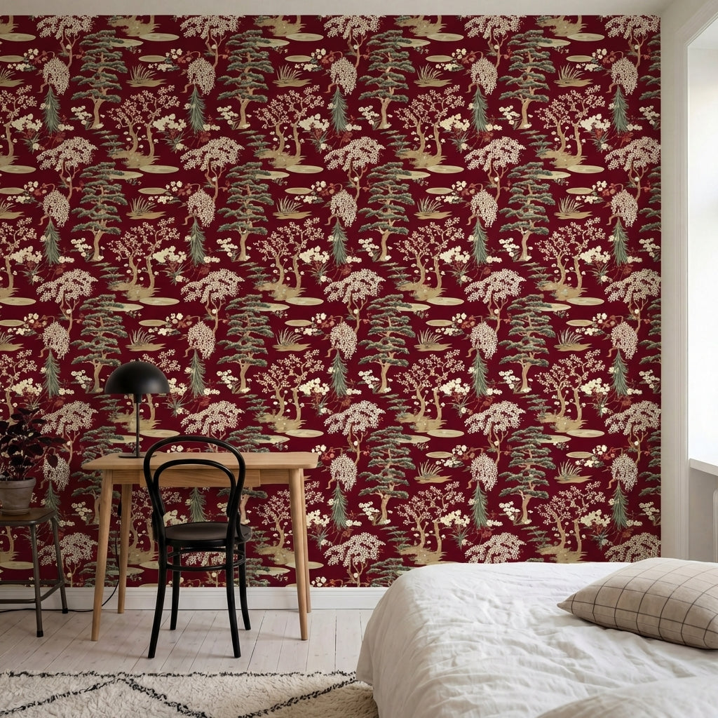 papier peint japonais cerisiers en fleurs et pins bonsai blanc rose sur fond bor-HERO-1