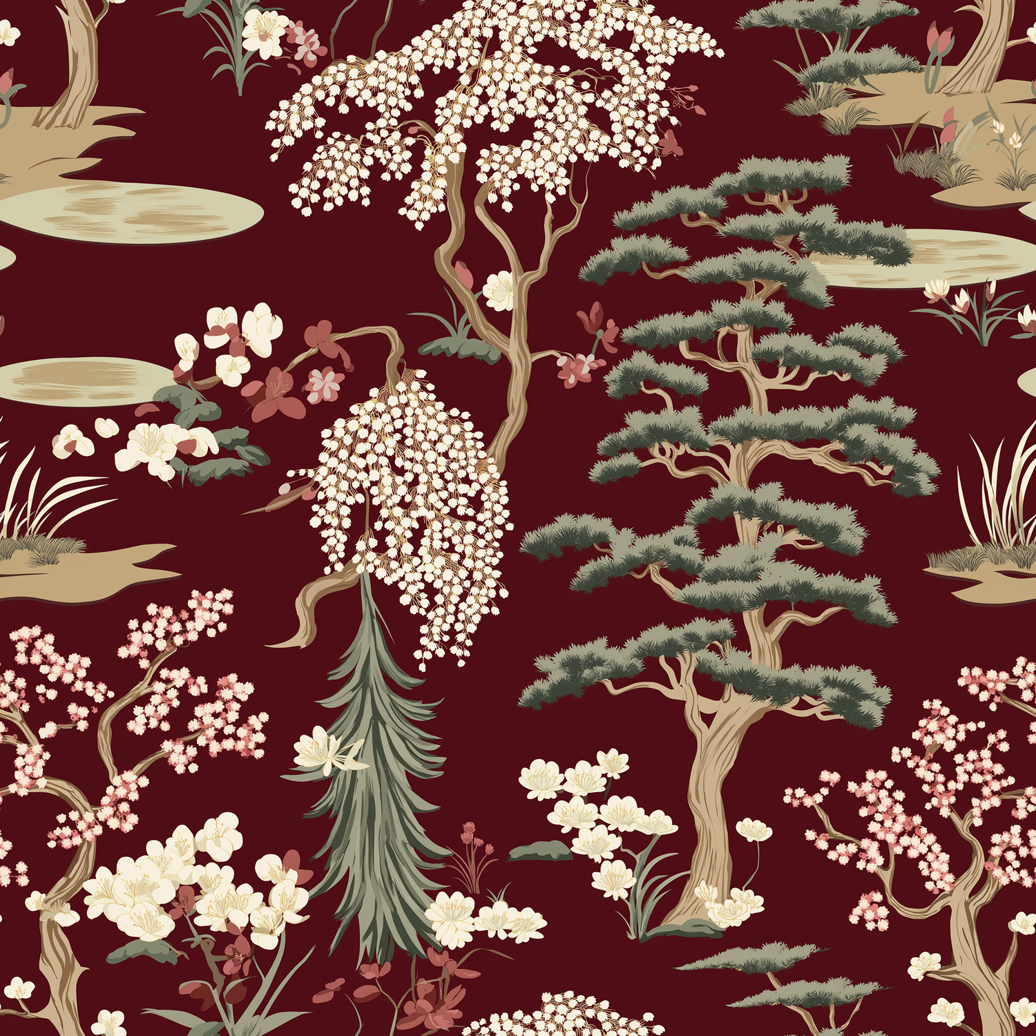 Papier peint motif japonais - Cerisiers en fleurs et pins bonsaï blanc rosé sur fond bordeaux - Design
