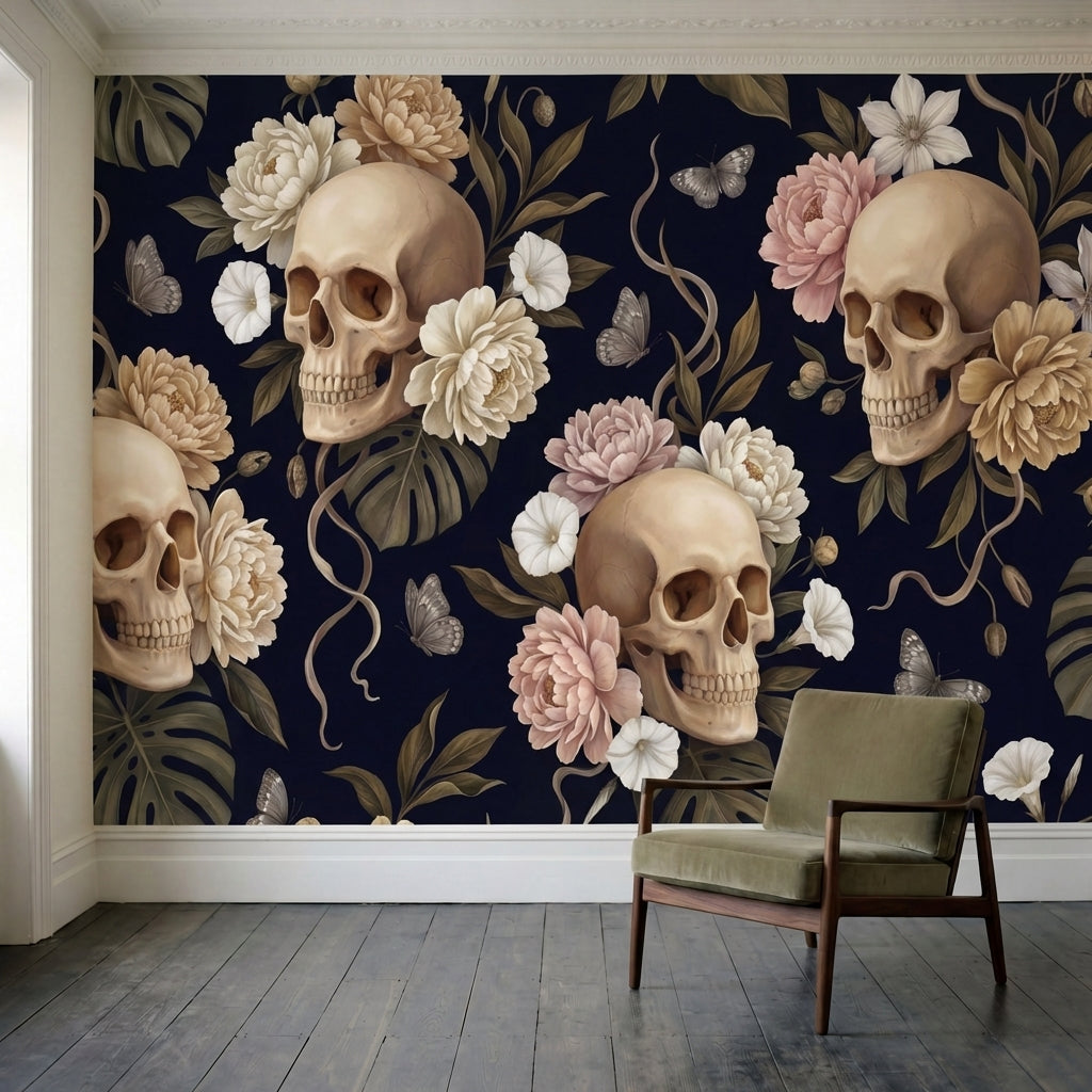 papier peint jungle noir cranes ornementaux fleurs tropicales papillons feuillag-1