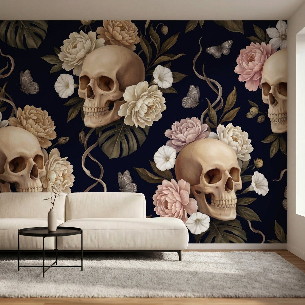 papier peint jungle noir cranes ornementaux fleurs tropicales papillons feuillag-4