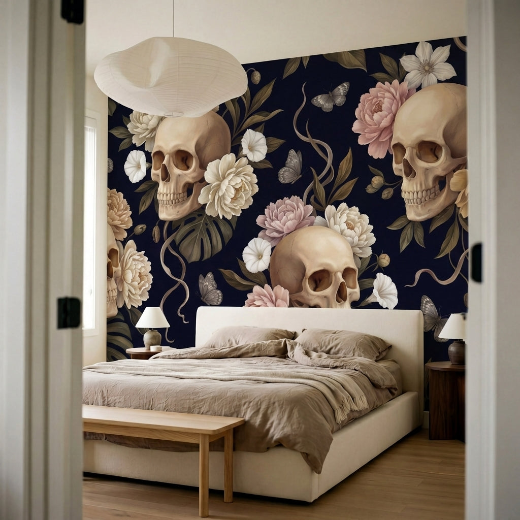 papier peint jungle noir cranes ornementaux fleurs tropicales papillons feuillag-7