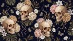 Papier peint panoramique feuillage - Crânes ornementaux fleurs tropicales papillons feuillage exotique fond bleu nuit sur mesure - Design