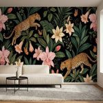 papier peint leopard leopards tachetes fleurs orchidees feuillage tropical fond -1
