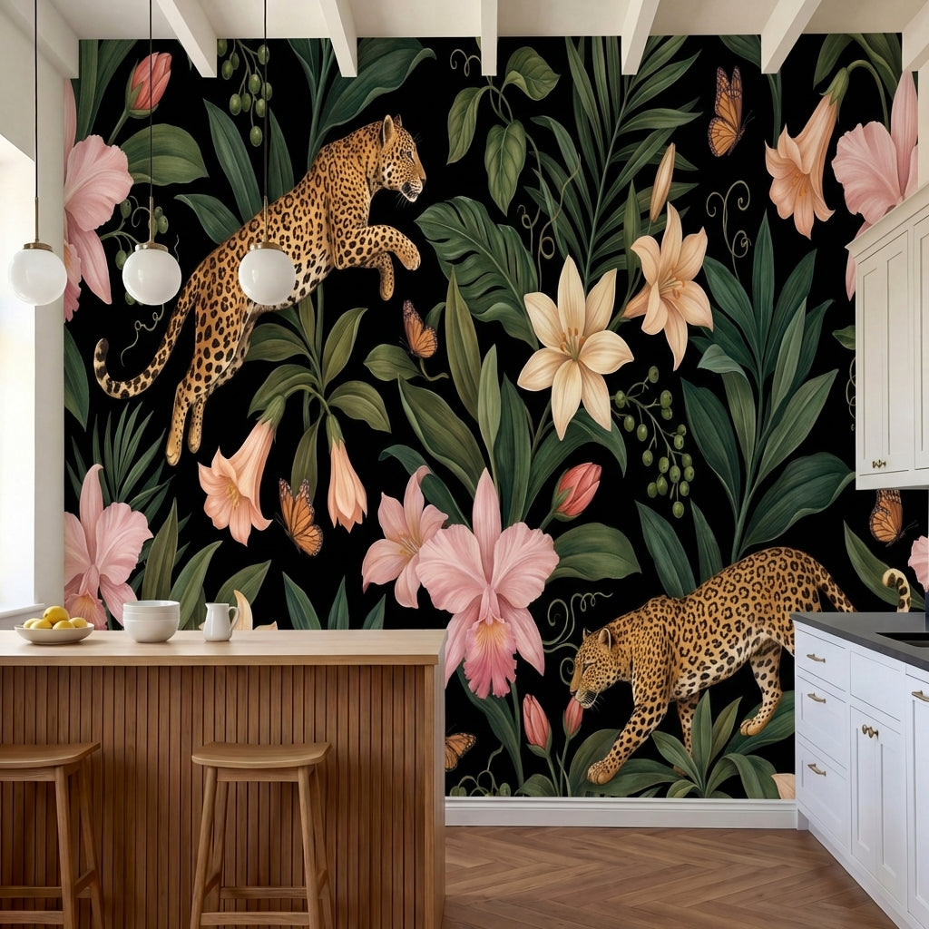 papier peint leopard leopards tachetes fleurs orchidees feuillage tropical fond -3