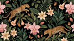 Papier peint panoramique leopard - Léopards tachetés fleurs orchidées feuillage tropical fond noir et rose sur mesure - Design