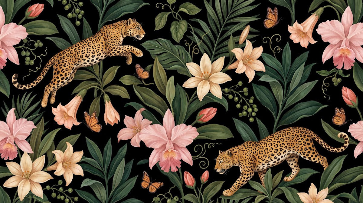 Papier peint panoramique leopard - Léopards tachetés fleurs orchidées feuillage tropical fond noir et rose sur mesure - Design