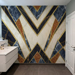 papier peint marbre motifs geometriques chevrons dores blanc veine et bleu marin-7