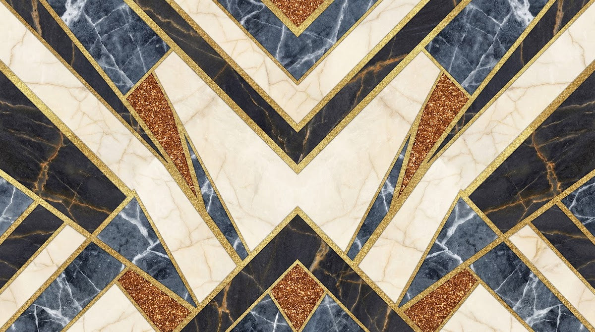 Papier peint panoramique marbre - Motifs géométriques chevrons dorés blanc veiné et bleu marine sur mesure - Design