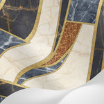 Papier peint panoramique marbre - Motifs géométriques chevrons dorés blanc veiné et bleu marine sur mesure - Matière
