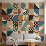 papier peint motifs geometriques carreaux patchwork formes abstraites tons beige-5