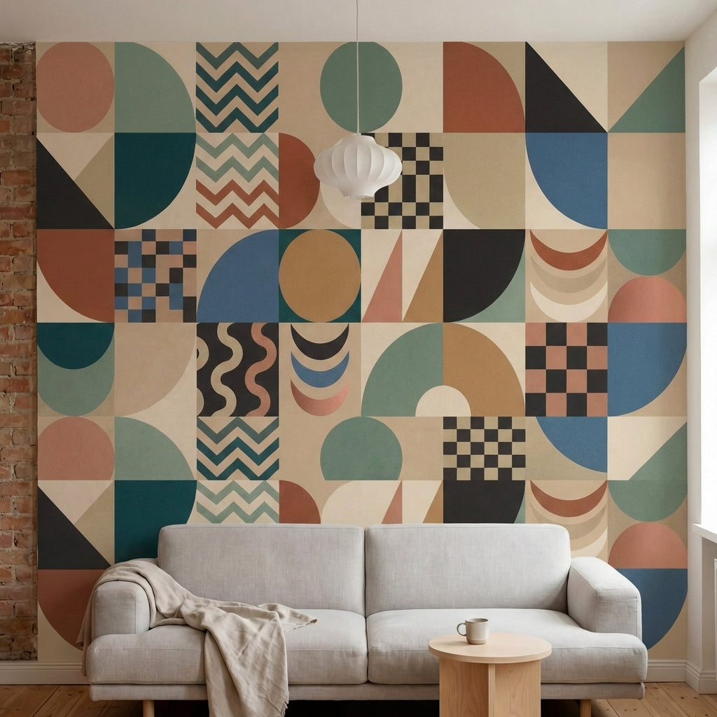 papier peint motifs geometriques carreaux patchwork formes abstraites tons beige-5
