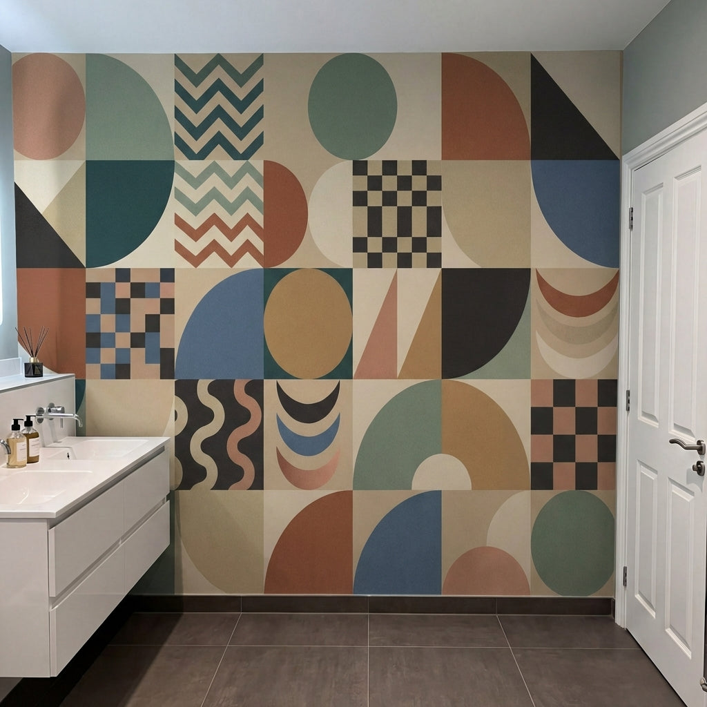papier peint motifs geometriques carreaux patchwork formes abstraites tons beige-VARIANTE-10