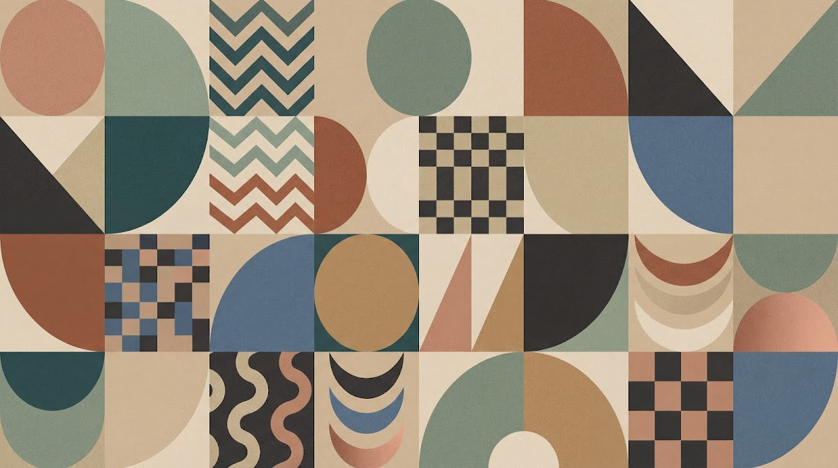 Papier peint panoramique abstrait - Carreaux patchwork formes abstraites tons beige terracotta et vert sauge sur mesure - Design