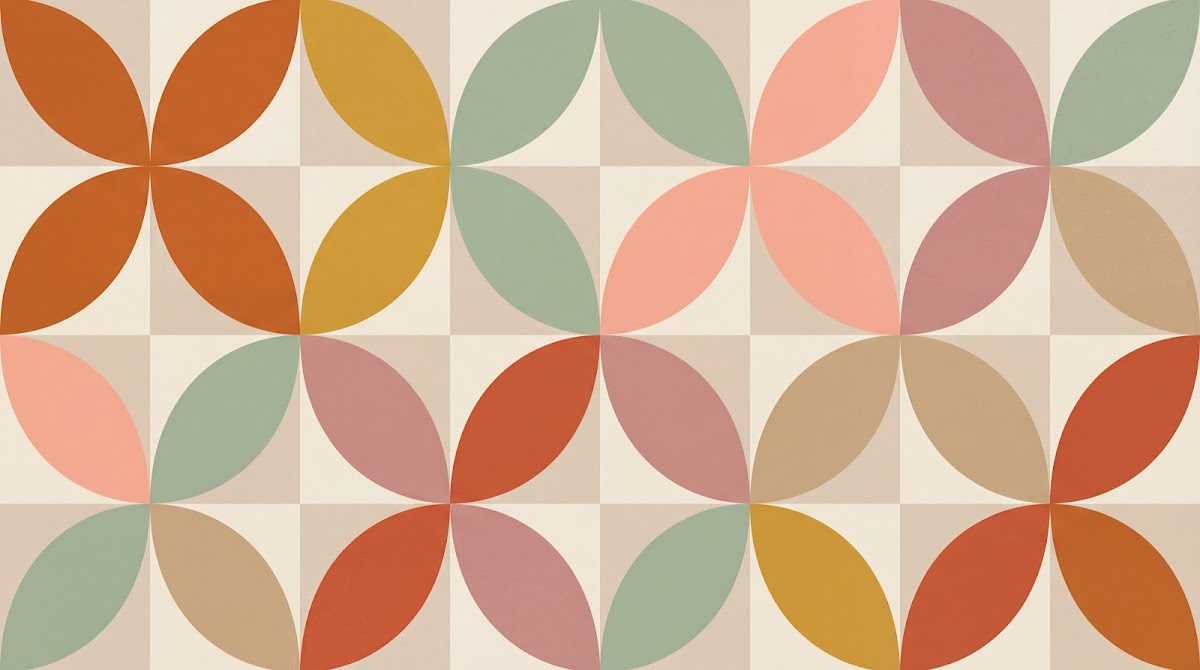 Papier peint panoramique abstrait - Cercles bicolores modulaires répétitifs tons terracotta orange rose vert fond beige sur mesure - Design
