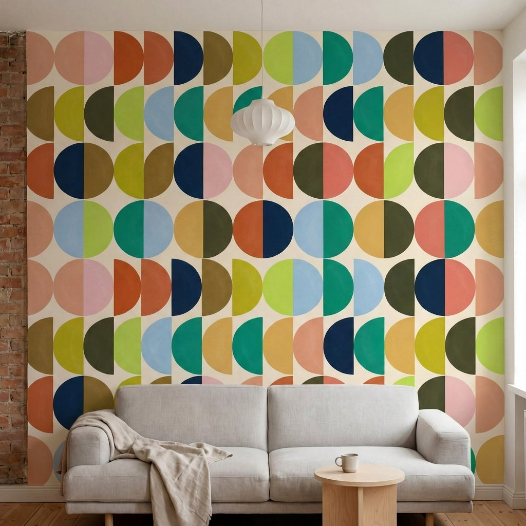 papier peint motifs geometriques cercles bicolores repetitifs multicolore vert b-2